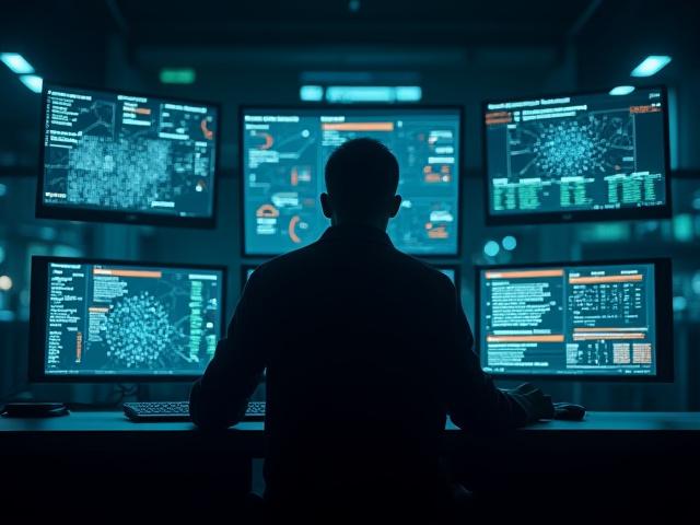 Специалист по кибербезопасности, работающий над несколькими мониторами, визуализация защищенных сетей, темная атмосфера с неоновыми акцентами.